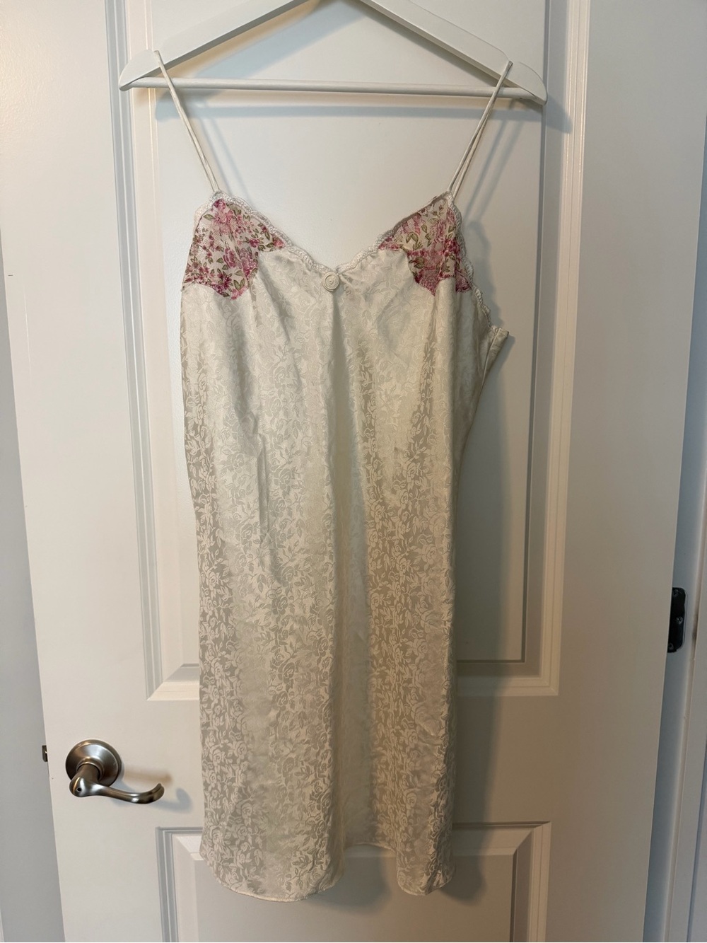 Ivory Jacquard Slip with Pink Floral Lace Trim